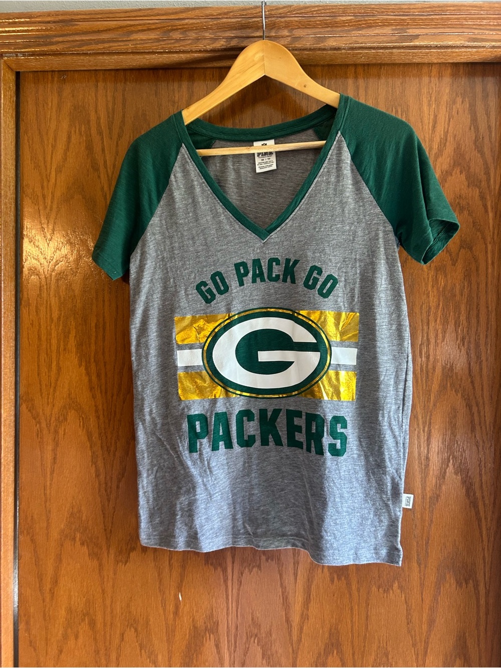 PINK Victoria's Secret Gray Tee with Green Trim and Team Graphic